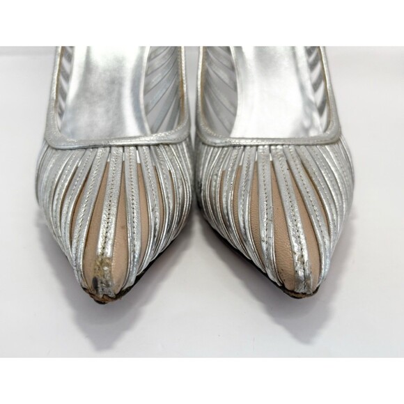 Gucci Silver Leather Heels Laser Cut Stripe Metallic Y2K Vintage Sz EU 36.5C 6.5 - Picture 5 of 10